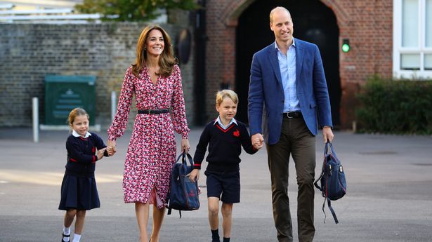 Princess Charlotte arrives for her first day of school, with her brother Prince George and her parents the Duke and Duchess of Cambridge, at Thomas's Battersea in London on September 5, 2019 in London, England