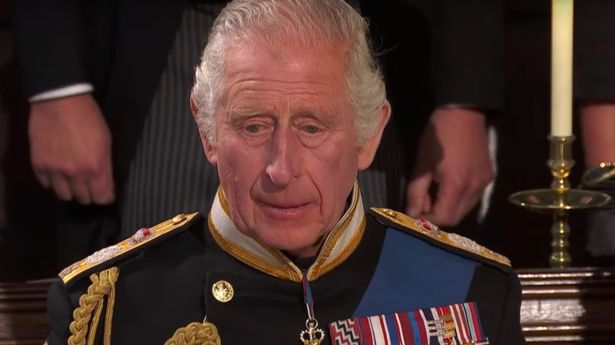 King Charles looking very emotional at Queen Elizabeth II's funeral