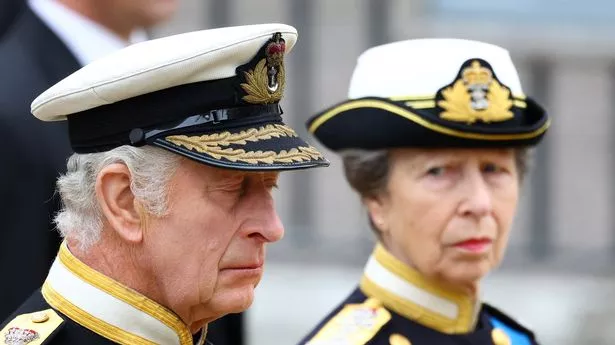 Princess Anne looking at King Charles with concern at the Queen's funeral